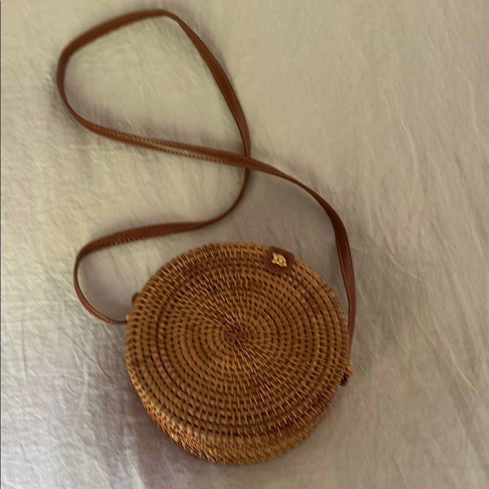 Round Woven Tan Crossbody Bag